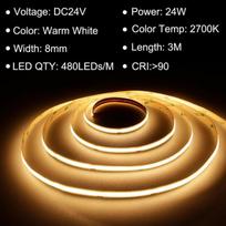 Ttway Cob led juosta 3 m, 2700 K šiltai balta led juosta su maitinimo šaltiniu ir nuotolinio valdymo pulteliu, Dc24 V, 480 led/m, Cri 90+, 8 mm pločio, pritemdomos šviesos juostos miegamojo dekoravimui
