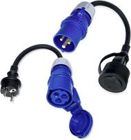 Cee adapterių rinkinys, 2 x cee adapteris schuko, kabelis 3 x 2.5 mm, h07rn-f 3g2.5, 30 cm galios adapteris stovyklavimui, schuko kištukas į cee + cee į schuko jungtis, 230 v 16 a 3 kontaktų ip44