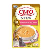 Konservuotas kačių ėdalas CIAO Stew, su vištiena ir lašiša, 40 g