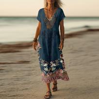 Vasaros suknelė Moteriška ilga Boho paplūdimio suknelė Elegantiška Maxi suknelė V formos iškirpte Trumpomis rankovėmis Vasarinė tunikos suknelė Lengva, orui laidi XL balta