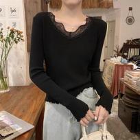 Pure and Alluring Gentle Style Lace Patchwork Sweater Women's Autumn Winter Design-oriented Base Layer Slim Fit Warm Inner Top 2XL gray