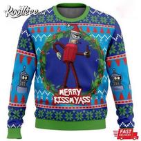 Bender Futurama Merry Kissmyass Ugly Sweater Unisex T-Shirt M blue