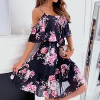 Chiffon Print Sexy Off-the-shoulder Sling Big Swing Ruffled Dress S