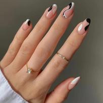 Secret Lives Reusable Press On Nails Designer Artificial Oval Shape White Skin & Black Fake Nails Design 24 Pieces Set With Kit brown