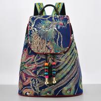 Women's Ethnic Embroidered Canvas Backpack, Versatile Commute Travel Bucket Bag mėlyna