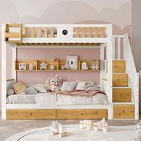 [315421234WAA]Bunk bed, frame made of pine wood and MDF, children's bed with 4 compartments in the stairs, 2 drawers, White+Natural, 90x200cm 254 x 95 x 170 cm