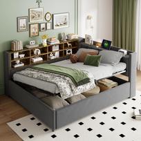 Apmušta sofa-lova 140*200cm, hidraulinis daiktadėžė, naktinis apšvietimas, USB/Type-C įkrovimo prievadas, lentynos ir skyreliai, paminkštintas galvūgalis, tamsiai pilkas aksomas 214.5 x 150.5 x 81 cm pilka