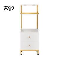 Salon Storage Cabinet Trolley Cart with 4 Wheels 2 Drawers, Rolling Dryer Tools Holder Open Shelves, Modern White Golden Barber Station Hair Stylist balta
