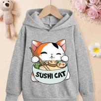 Girls Boys Kids Hoodie Cute Sushi Cat Printed Sweatshirt Japanese Style Kawaii Cartoon Pullover Hooded Top Autumn Winter 100 white