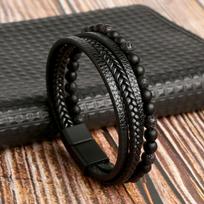 Vintage Mens Black Onyx Lava Stone Multi Layer Leather Beaded Bracelet Natural Stone Matte Finish black&20cm black