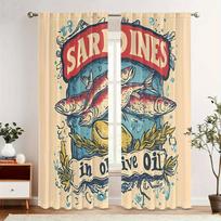 Vintage Canned Sardines Fish Blackout Curtains - 100% Polyester Machine Washable Light Filtering Privacy Drapes with Grommets 130×210 gray