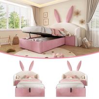 Youth Bed 90x200 cm Upholstered Bed Hydraulic Storage, Bed with Nightstand & Bunny Ears Design, Velvet, Beige & Pink (Without Mattress) 216 x 149 x 143 cm