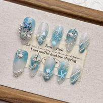 10Pcs Handmade Press On Nails Blue Ocean Shell Jellyfish Design Heavy Duty Light Luxury Fake Nails Gift For Girls gray