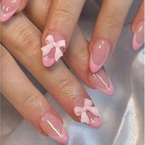 Pink French Almond Ballerina Press On Nails With 3D Bowknot Nude Stick On False Nail Tips 24 Pcs black