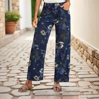 Women's Classic High Waist Wide Leg Jeans Floral Print Casual Long Pants Comfortable Fit Denim Trousers with Button Closure and Pockets S black