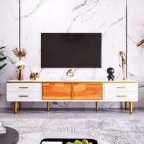 TV spintelė su marmuro išvaizda, 4 kojelėmis, LED apšvietimu, 4 tekstūruotais stalčiais su auksinėmis rankenėlėmis, dviem rudomis grūdinto stiklo durelėmis, 170*37*47.5cm. balta