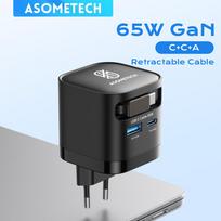 65W GaN USB Charger with Type C Retractable Cable 3 Port QC4.0 PD3.0 PPS Fast Charger for Macbook Laptop 16 15 14 EU Plug