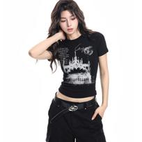 Black Printed Tees For Women Sexy Tops Fashion Lady Short Sleeve Tees Girls Y2K Tops L