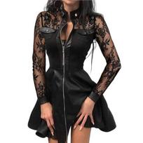 Club Dress See-through Lace Flower Embroidery A-line Big Hem Slim Fit Stand Collar Above Knee Long Sleeves Loose Hem Mini Dress for Dating M