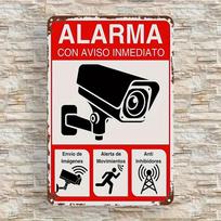 Apsaugos kameros signalizacijos ženklas  Ispaniškas tekstas Stebėjimo lentelė (ALARMAS SU NEDELSiantIS PRANEŠIMU) Raudonai juoda apsaugos kameros grafika 20x30cm black
