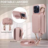 Faux Leather Phone Case for Iphone 16e 16promax 15 14 13 12 11 Crossbody Shockproof  With Ring and Stand Function Wallet Cover Artificial leather&Case & Strap&iPhone 15 rožinio aukso spalvos