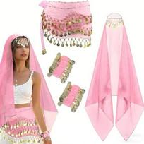 4Pcs Belly Dance Costume Women Belly Dance Outfit Coins Belly Dance Hip Scarf Chiffon Head Scarf,2Coin Wrist Bracelets Os pink