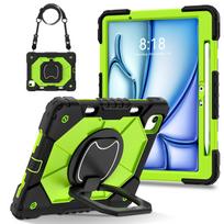 For IPad Air 11 M4 2026 Case/Air 11 M3 2025 Silicon+PC 360 Rotation Stand Kids Tablets Cover with Pen Slot and Shoulder Strap iPad Air 11 M2 2024 black