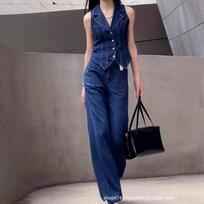 Hong Kong style retro denim suit women's summer fashion fried street age reduction high-end V-neck vest wide-leg pants two-piece set L blue