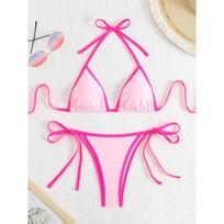 Sexy Micro Bikini Women Pink Blue Contrast Push Up Tie Side Thong Swimsuit Brazilian Beach Bandage Bathing Suit Swimwear L rožinė