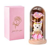 Eternal Rose Teddy Bear Night Light: Glass Dome Ornament for Valentine's and Mother's Day pink