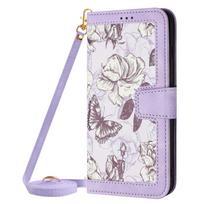 Crossbody Wallet Leather Cards Solt Case for IPhone 14 Pro Max 15 13 12 11 X XS XR 7 8 Plus SE2026 Flower Strap Lanyard Cover For iPhone 15Plus violetinė