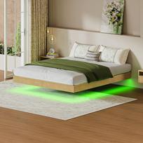 Moderni lova su plaukiojančiu dizainu ir grioveliais dengta panelė, su nuotaikos LED apšvietimu ir sustiprintu plokščiojo plieno rėmu, 180 x 200 cm – Šviesus ąžuolas 200 x 180 x 25 cm natūrali
