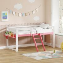 Kids Loft Bed 90x200 cm, solid pine, fall protection, ladder & shelf table, slatted frame included, color white-pink, DE602090PW