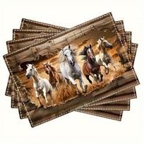 Bėgančių žirgų dizaino staltiesėlės, lininio audinio padėkliukai pietų stalui, namų dekoras, lengvai valomi, 4PCS beige