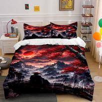 Samurai Under Red Moon Scene Bedding Duvet Cover Set  (1*Duvet Cover 2*Pillowcases, without duvet insert) 140x200cm