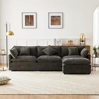 Modern L-Shaped Corner Sofa, Upholstered Chenille Fabric Three-Seater with Footrest, Suitable for Living Room and Bedroom, Gray, Video Available 283 x 147 x 84 cm tamsiai pilka spalva