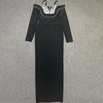 Elegant Black Spaghetti Strap Ruched Pearl Bodycon Cocktail Dress S juoda