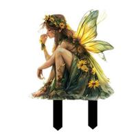 Acrylic Fairy Garden Stake,Elf Ornament with Sunflower Crown & Wings, Waterproof Outdoor Statue for Potted Plants, Woodland Yard Decoration Gift for A beige