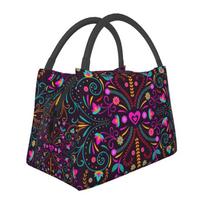 Mexican Flower Print Waterproof Thermal Lunch Bag Women Reusable Large Capacity Insulated Lunch Box for Travel Picnic Work Beach One Size black