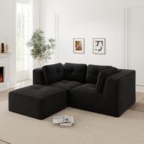 Modular corner sofa, two-seater, frameless L-shaped with movable footrest, corduroy fabric, suitable for living room and bedroom, black 208 x 177 x 69 cm juoda