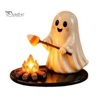 Halloween Ghost Night Light Campfire Tealight Holder, Matte Resin Mummy Scarecrow Figurine, Stable Stain Resistant Desk Decoration Round Base A beige