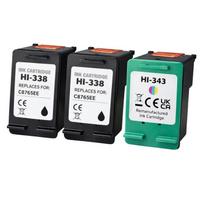 Pack of 3 compatible HP 338/343 cartridges - 2x Black + 1x Color for Deskjet, OfficeJet, PhotoSmart, PSC