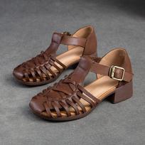 „Johnature“ iškirpti megzti, kvėpuojantys sandalai, moteriški retro stiliaus natūralios odos patogūs batai storais kulnais 39 brown