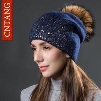 Multiple Styles Rhinestone Sequins Hats for Women Winter Beanies Natural Raccoon Fur Pompom Cap Women Knitted Warm Wool Hat white