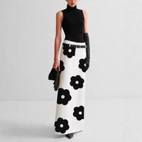 Women's High Waist Straight Maxi Skirt Black Big Floral Print White Elegant Casual Long Half Skirt Without Belt S