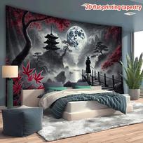 Samurai Tapestry Wall Hanging Japanese Moon Night Landscape Tapestry Asian Zen Art Home Decor for Bedroom Living Room Background 150X180CM black