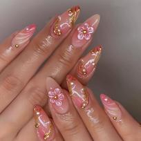 24Pcs 3D Flower Starfish Almond French Press On Nails Full Cover Acrylic Fake Nail Tips black