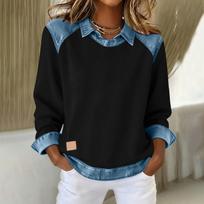 Women's Color Long Sleeve Sweatshirt with Denim Panels Casual Top XL juoda