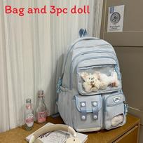 Solid Color Simple Student Backpack With Transparent Compartment And Decor Doll