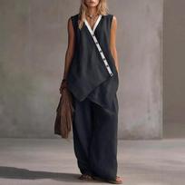 Summer New Bohemian Solid Color V-Neck Irregular Button Back Vest Wide Leg Pants Set S